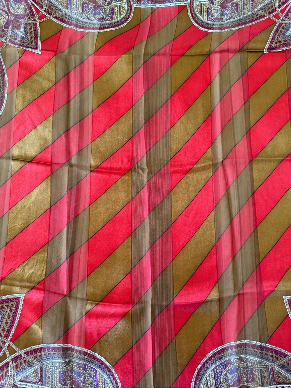 Vintage Pierre Balmain Silk Scarf Crimson Gold Stripe Paisley Large Square Scarf
